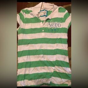 Aeropostale Green and White Striped Short Sleeve Tee